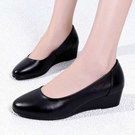 Women's Mid Wedge Heel Pump Shoes Casual Office Black Leather Shoes