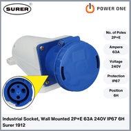 Surer 1912 Industrial Socket, Wall Mounted 2P+E, 63A 240V, IP67, 6H (1910 Series)