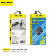 Awei ชาร์จเร็ว20Wเครื่องชาร์จ GaN ที่ชาร์จมี2พอร์ต USB ที่ที่ชาร์จปลั๊ก US ยูเคอียูเร็วสำหรับ iPhone