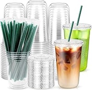 50PCS Clear Plastic Cups with Lids and Straws, Disposable Iced Coffee Cups To Go, Smoothie Juice Bub