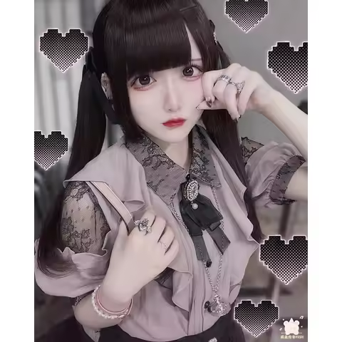 Rojita Sweet Sle ort Sve irt Lace oulder Splicing Knot Girl's Top Polyester Fiber Bubble Sve Straigh