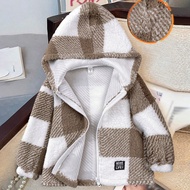 Kids Fall/Winter Clothes Young Girl Knitted Solid Color Fluffy Letter Embroidery Hooded Loose Flanne