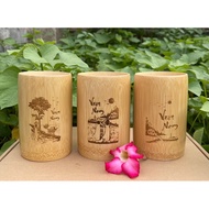 Bamboo cup, Bamboo cup 12cm high engraved with images of Vietnamese Homeland Meaningful Gifts