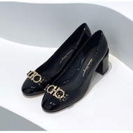 FY4 Metal Round Buckle Tire Cowhide Patent Leather Loafer with Medium Heel (Heel Height: 5.5cm) 1022