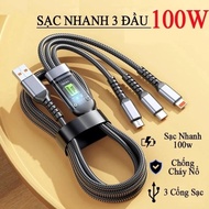 100w 3-Head Fast Charging Cable, 1m2 Long Cord Supports 3-in-1 Fast Charging, Anti-Breakage, Anti-Ta