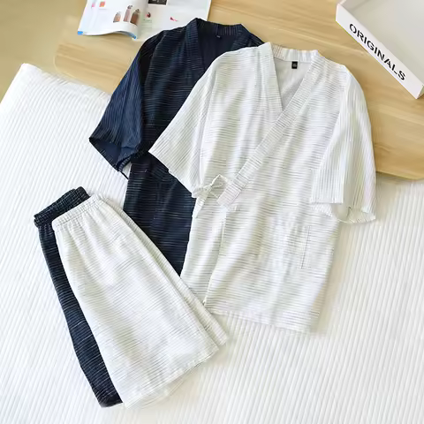 Japanese Kimono pajamas Men's Pajamas Summer Thin Short-sleeved Shorts Cotton Simple Home Service Su