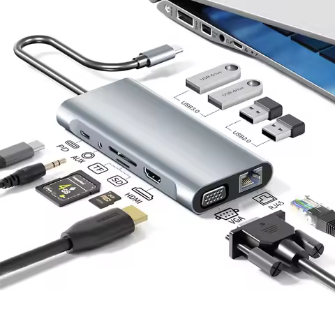 4K 30Hz USB C Docking Station Type C to HDMI-compatible VGA RJ45 Adapter USB 3.0 HUB Splitter For La