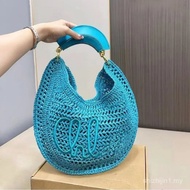 PLL0 Ready Stock New Style Raffia Straw Bag Cow Leather Underarm Straw Bag Beach Bag Handbag Stitchi