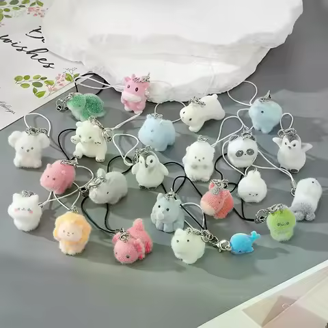 Cute Flocking Animal Keychains Resin Penguin Tiger Bear Pendant Bag Earphone Case Lanyard Accessorie