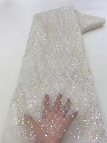 African Tulle Mesh Lace Fabric Glitter Sequins Beaded Sequence Lace Design Glamour and Sparkle For S