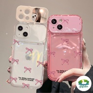 Flip Mirrorกระจกแต่งหน้าทรงโบว์แบบเต็มจอ สีชมพูไอโฟน11 For iPhone12 13 14 15Pro MAX X XS XR XS 7 8Pl