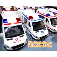 Diecast Rescue Ambulance Police Car Toy with Light & Sound Pull Back Action Vehicle for Kids Birthda
