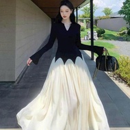 Hàng thiết kế- Đầm nữ dự tiệc thiết kế áo cổ V tay dài chân váy tùng xòe nhẹ nhàng sáng trọng đầm s