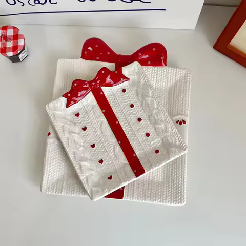Ins Style Relief Gift Ceramic Plate Underglaze Square Cake Dessert Dishes Cute Christmas Style House