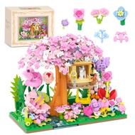 Flower Bouquet Building Decoration Set, Cherry Blossom Tree House with Frame, Artificial Flowers for