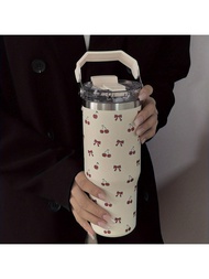 1pc 900ml_33.44oz Stainless Steel Cup With Handle And Straw Cute Bow And Heart Design, Double Drinki