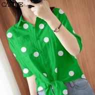 CARINE Womens Shirt Korean Casual Style Cotton Blouse Fashion Chic Polka Dots Loose Fit 7 cents Slee