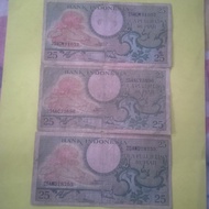 3 Lembar Uang kertas kuno Indonesia 25 Rupiah 1959