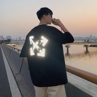 潮牌爆款Reflective t-shirt men's trend loose five-point sleeves反光t恤男潮流宽松五分袖港风短袖潮牌衣服帅气半截袖男生反光t卹男裝