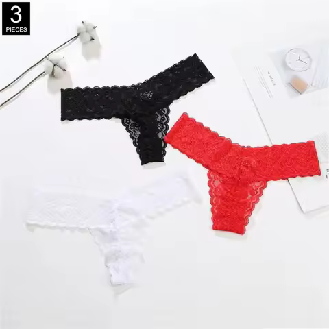 3pcs Transparent Women Lace Panties Low Rise G-String Underwear "V Shape" Hollow Out Thong Female Ta