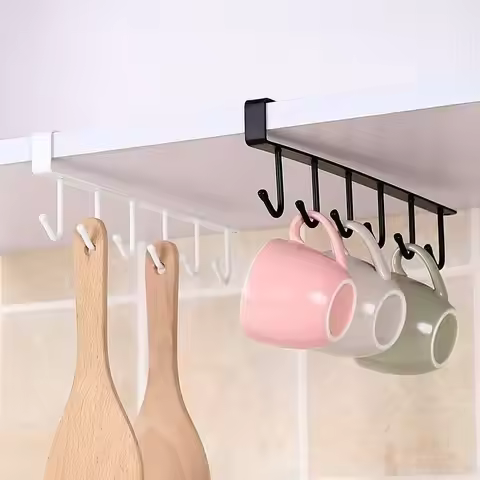 6/12 Hooks Coffee Cup Mug Holder Black White Kitchen Cabinet Shelf Organizer Multifunction Storage H