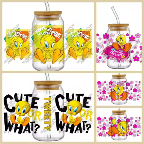 New Design 3D Cute Little Yellow Duck Tweety Decal UV DTF Cup Wrap for 16oz Libbey Glasses DIY Carto