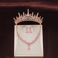 4pcs/Set Girls Kids Accessories - Pink Crystal Gold Crown Necklace Earrings, Suitable For Festival A
