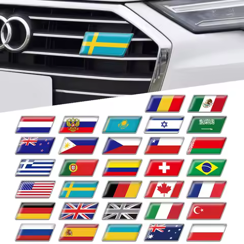 Car Flag Emblem Front Grille Badge Rear Trunk Decor Sticker Italy Spain Israel Germany Poland Russia