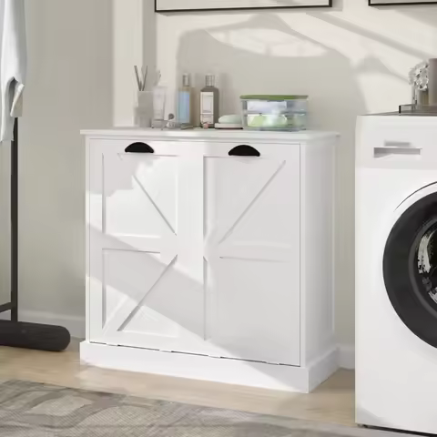 Laundry Hamper Cabinet with Removable Basket, Double Tilt Out Laundry Hamper Cabinet, Wood Bathroom 