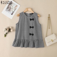 ZANZEA Women Korean Girlish Sweet Round Neck Bowknot Decorate Plaid Ruffles Tanks