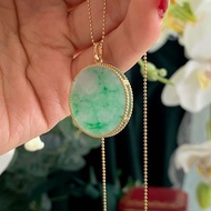 正宗天然冰种玉髓飘阳绿平安无事牌圆牌吊坠s925纯银古法金镶嵌大