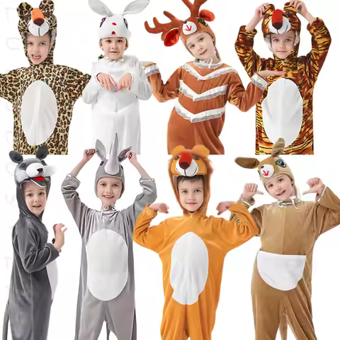 Boys Girls Animal Cosplay Costume Kids Lion Tiger Rhinoceros Wolf Elk Rabbit Leopard Kangaroo Fancy