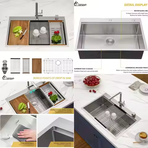 Stainless Steel 33x22 Inch Drop-In Kitchen Sink with 16 Gauge T304 Ledge Workstation Design
