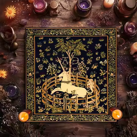 Unicorn Medieval Tapestry Tablecloth, Renaissance Floral Tree Print, Mystical Witchy Table Cover for