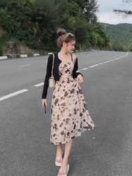 [Voucher 50k Freeship Max 0 đồng toàn quốc] Set đầm hai dây hoa nhí dáng dài cup ngực kèm áo khoác đ