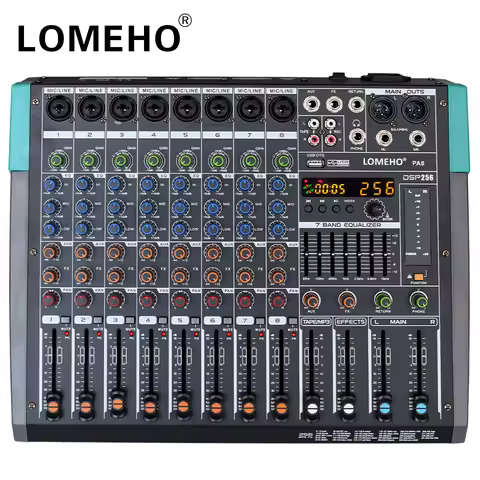 LOMEHO 256 Effects Mixing Console 7 Band EQ Sound Table 8 Channels Bluetooth Audio Mixer 48V USB Pla