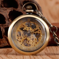 Retro Bronze Open Face Roman Numbers Unisex Mechanical Hand Winding Pocket Watch Chain