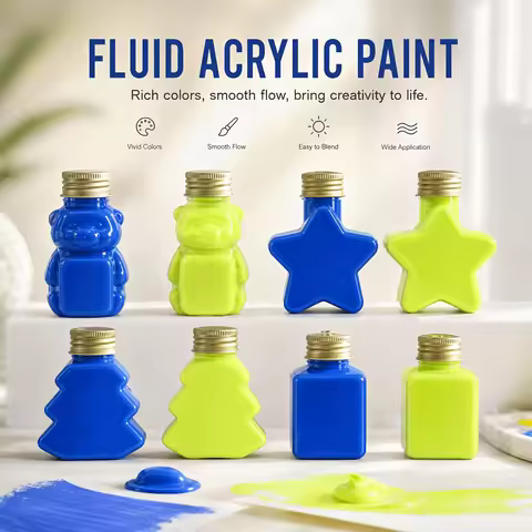 2‑Color 50ml/1.69oz Neon Fluid Acrylic Paint Set, Neon Blue & Neon Yellow. 4 shaped bottles. Smooth 