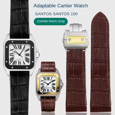 20mm 23mm Men Women Leather Watch Strap For Cartier Santos100 Men's and Women's Watch Band Black Bro