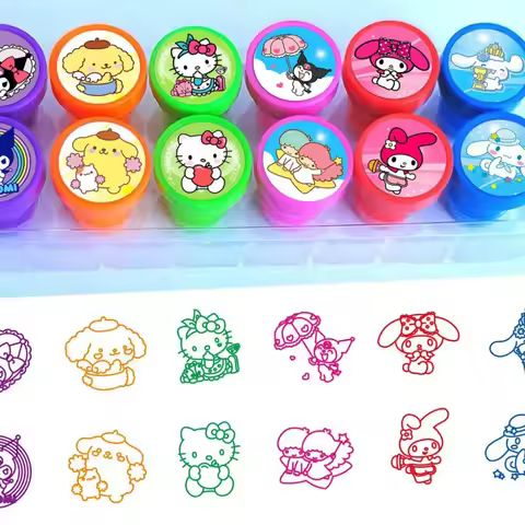 12PCS Kawaii Cartoon Innamoroll Kuromi Melody Pochacco Pompompurin Children Stamp Party Prize Kids T