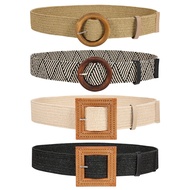 Straw Woven Elastic Stretch Belts Women, Wide Boho Braided Dress Belts with Wooden Style Buckle