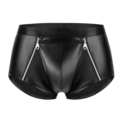 Mens Faux Leather Exotic Pants Boxer Shorts Bugle Pouch Zipper Novelty Crotchless Gay Latex Panties