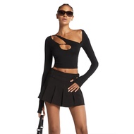 women crop top women sexy outfit Iamgia Asimetri Gadis panas dengan lengan ketat berongga di dada