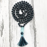 (Ready stock in SG) Hand-knotted 108 8mm natural black lava volcanic stone &amp; raw quartz mala beads meditation necklace