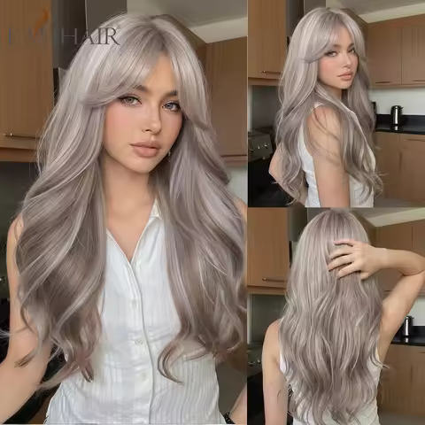 EASIHAIR Long Wavy Grey Synthetic Wigs with Curtain Bangs Ombre Dusty Rose Heat Resistant Fiber Hair