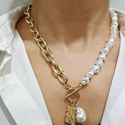 Fashion Chain Pearl Necklace For Women Baroque Pearl Metal Charm Pendant Necklaces Choker Snake Chai
