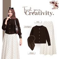 One Set 3in1 Outfit Hijab Style [Cardigan + Polka Dot Skirt + Hijab] Suit Wanita - AS231N