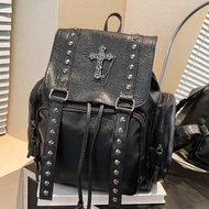 Handmade Y2K Baddie Soft Leather Backpack, Dark Cross & Chain Commuter Bag