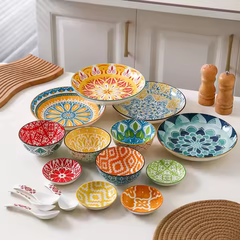 16-Piece Bohemian Ceramic Dinnerware Set for 4 People Plate Bowl Spoon Dish Kitchen Restaurant Table