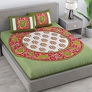 Varde Hand Print Cotton Bedsheet for Double Bed, Sheet Size 7.5 x 7 feet, Pillow Covers 68 x 43 cm,